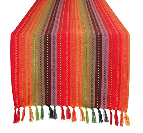 Product Cover Salsa Stripe Hand Knotted Fringe Oversized Table Runner - 18x72 - Red Multi - 100% Cotton - Hand Woven by Skilled artisans - Hand Knotted Decorative Fringes - Set of 2