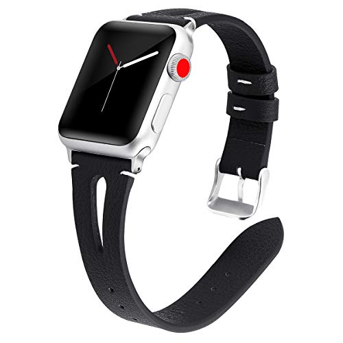 Product Cover Kaome Leather Band Compatible for Apple Watch Band 40mm 38mm, Slim Elegant Strap, Women Replacement Bands for iWatch Series 5, Series 4, Series 3, Fashionable Feminine Breathable Slit Design-Black