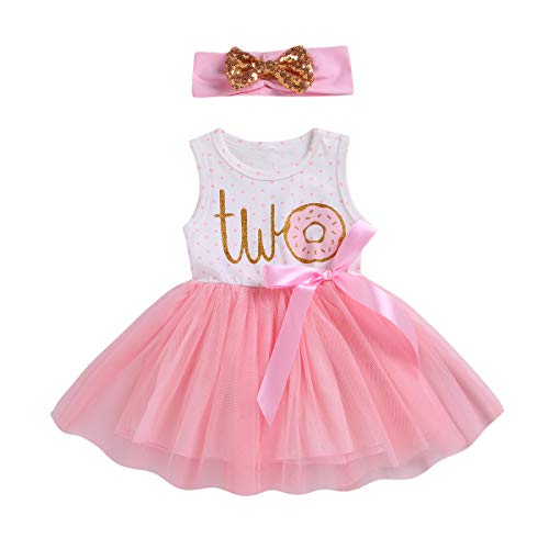Product Cover 2Pcs Baby Girls Tutu Dress 1st Birthday Outfit Donut Letter Print Top Tulle Tutu Skirt with Headband Outfit Set (2-3T, Two Sleeveless)