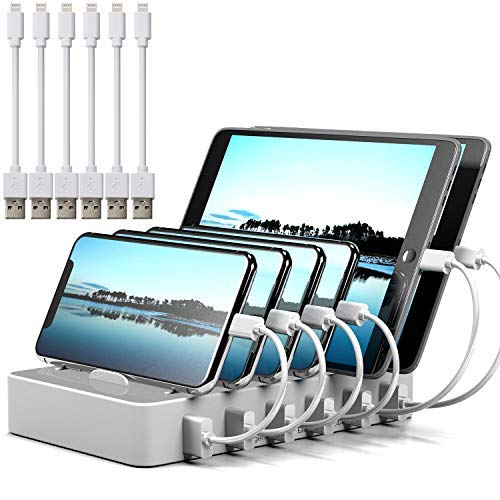Product Cover Charging Station for Multiple Devices MSTJRY 6 Port White USB Charging Dock & Organizer Stand Station for Smart Phones Tablets (6 Cables Included)