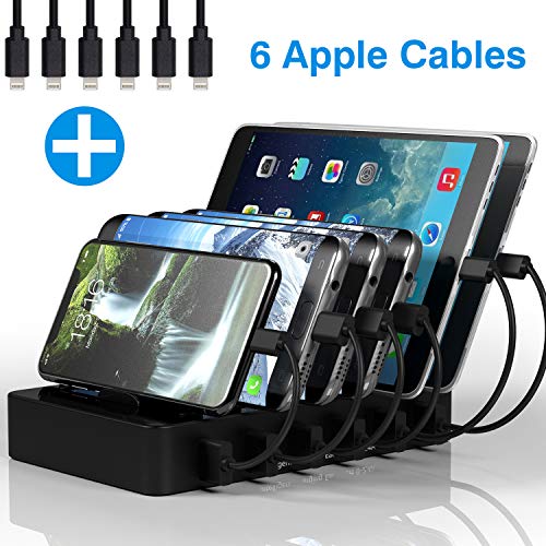 Product Cover Charging Station for Multiple Devices MSTJRY 6 Port USB Charging Dock for Cell Phones Tablets Black Charger Port(6 Cables Included)