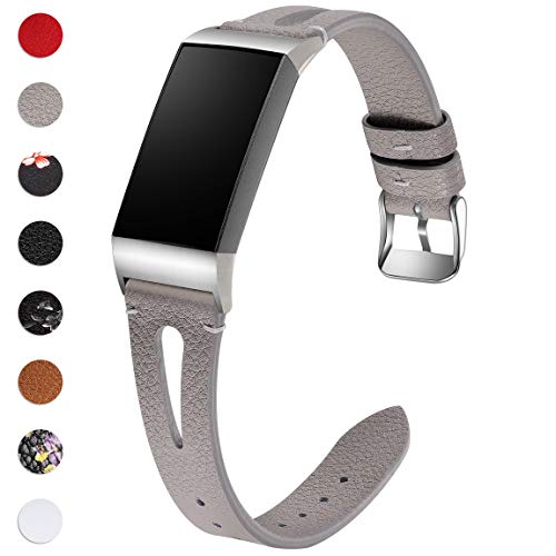 Product Cover Maledan Bands Compatible for Fitbit Charge 3 and Charge 3 SE Fitness Activity Tracker, Slim Genuine Leather Band Accessories Strap for Charge3 Special Edition, Women Men, Gray, Small