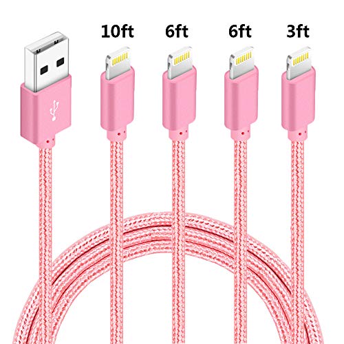 Product Cover 4 Pack (3ft,6ft,6ft,10ft) Nylon Braided Charging Cord Charger Compatible with PhoneX/8/8Plus 7/7 Plus/6s/6s Plus/6/6 Plus/5s/55se,Pad,Pod-Pink