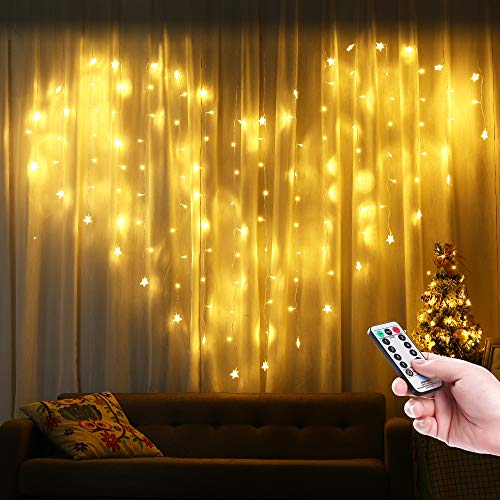 Product Cover Toodour Christmas Curtain Lights, 124 LED Heart-Shaped Window Curtain Lights with 8 Lighting Modes Star Curtain Fairy Lights for Bedroom, Party, Wedding, Christmas Decorations (Warm White)