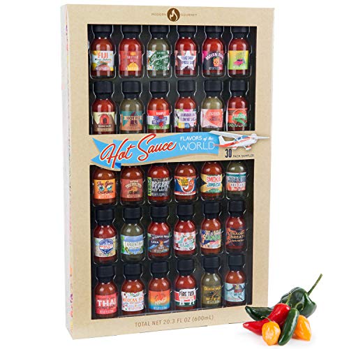 Product Cover Thoughtfully Gifts, Hot Sauce Flavors of the World: 30 Pack Hot Sauce Sampler Set, Inspired by International Hot Sauce Flavors of the World, 30 sample bottles of hot sauce, 0.7 oz each