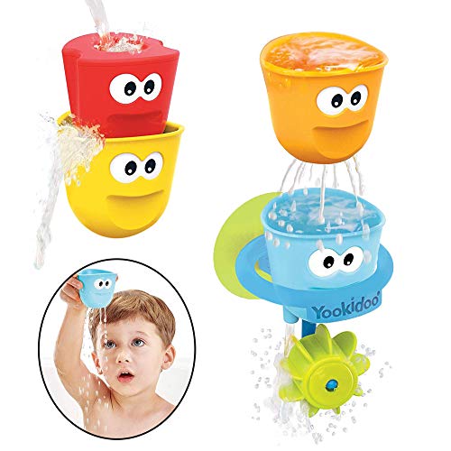 Product Cover Yookidoo Baby Bath Toys - Fill 'N' Spill Set of Four Stackable Cups with Suction Cup Ring Holder and Water Wheel- Sensory Toy for Bath Time - Attaches to Any Bath Tub