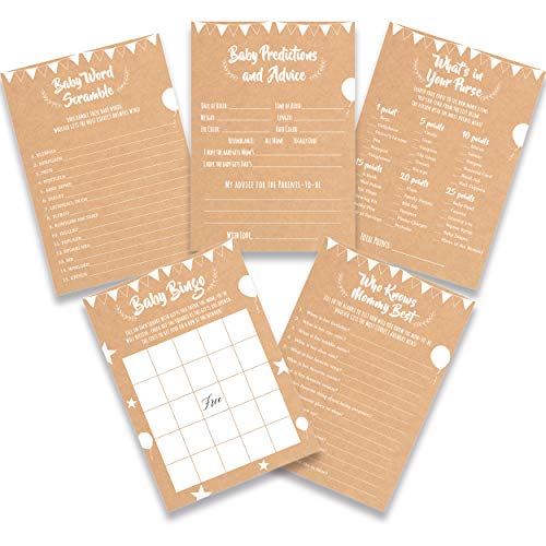 Product Cover Baby Shower Games, Set Of 5 Activities, 20 Cards Each (Total 100), Kraft, Supplies, Party, Gender Reveal - By Simple Glee