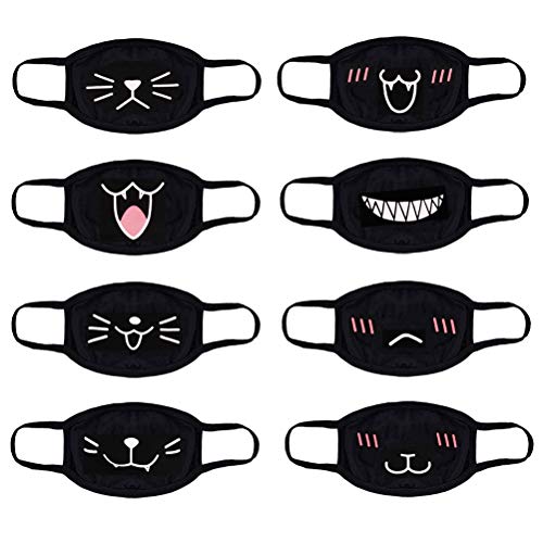 Product Cover Haomian 8 Pack Black Cartoon Mouth Mask Cat Kawaii Muffle Mask Anti-Dust Cotton Face Mask
