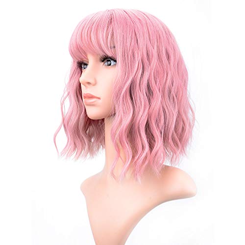 Product Cover VCKOVCKO Pastel Wavy Wig With Air Bangs Women's Short Bob Pink Wig Curly Wavy Shoulder Length Pastel Bob Synthetic Cosplay Wig for Girl Colorful Costume Wigs(12