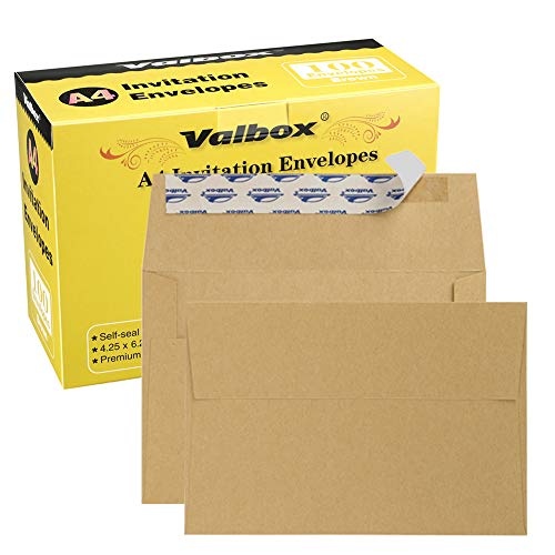 Product Cover ValBox A4 Photo Envelopes 100 Qty 4 x 6 Brown Kraft Paper Envelopes Self Seal for 4x6 Cards, Photos, Weddings, Invitations, Baby Shower, 4.25 x 6.25 Inches (A4)
