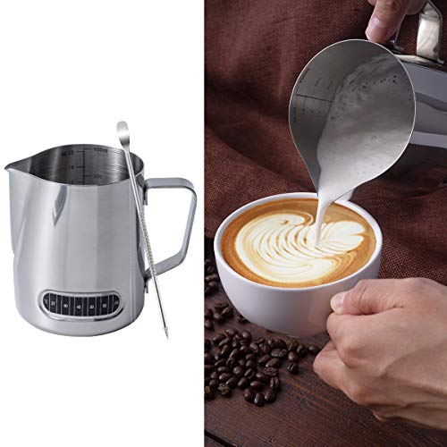 Product Cover Wingjip Milk Frothing Pitcher 20oz with Thermometer Espresso Steaming Frothing Cup with Internal Measurement Perfect for Espresso Machines and Latte Cappuccino Art, Coffee Fest Family office Commercia