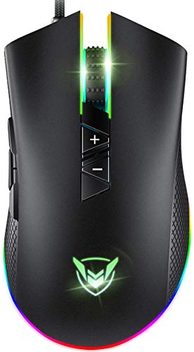 Product Cover PICTEK RGB Gaming Mouse Wired - 10,000 DPI Adjustable - 8 Programmable Buttons - 7 Chroma Lighting Modes - Ergonomic USB Mice - PMW3325 with Fire Button - Laptop/PC with Long Braided Cord （Matt Black）