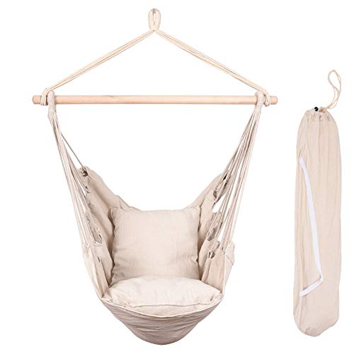 Product Cover Lazy Daze Hammocks Hanging Rope Hammock Chair Swing Seat with Two Seat Cushions and Carrying Bag, Weight Capacity 300 Lbs, Natural