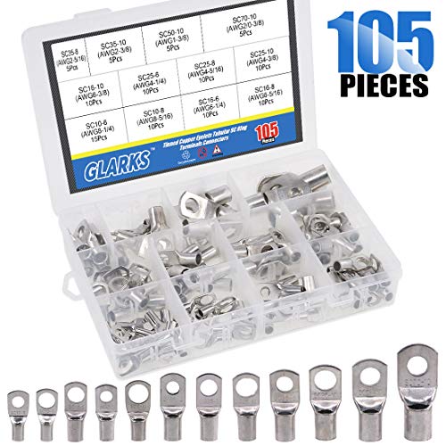 Product Cover Glarks 105Pcs 12 Type Heavy Duty Lugs Battery Cable Tinned Copper Eyelets Tubular SC Ring Terminals Connectors with Spy Hole Assortment Kit