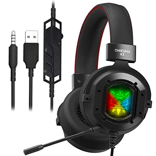 Product Cover ONIKUMA K3 Stereo Gaming Headset for Xbox One, PC, PS4 Over-Ear Headphones with Noise Canceling Mic, Soft Breathing Earmuffs, LED Light, Mute&Volume Control for Mac Laptop Tablet Smatphone