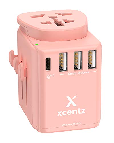 Product Cover Xcentz Universal Power Adapter with 18W PD&QC 3.0 USB-C Port and 3-USB Port, 16A European Plug, 10A Wall Charger AC Plug Adapter, 3680W Travel Adapter EU UK AU US Cell Phone Tablet Laptop, Pink
