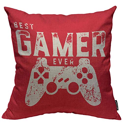Product Cover Mugod Throw Pillow Cover Best Gamer Ever for Video Games Geek Home Decorative Square Pillow Case for Men Women Boy Gilrs Bedroom Livingroom Cushion Cover 18x18 Inch Red White Pillowcase