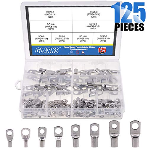 Product Cover Glarks 125Pcs Marine Grade Heavy Duty Tinned Copper Wire Lugs Battery Cable Ends Eyelets SC Ring Terminal Connectors Assortment Kit