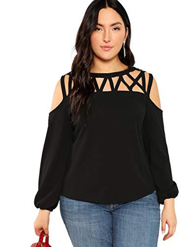 Product Cover ROMWE Women's Plus Size Long Lantern Sleeve Cold Shoulder Hollow Out Casual Top Blouse
