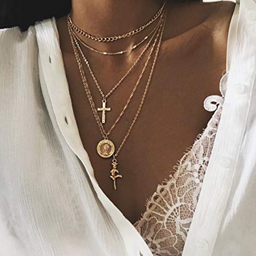 Product Cover Fstrend Holy Layered Cross Necklace Gold Choker Coin Chain Rose Flower Pendant Multilayered Long Necklaces Jewelry for Women and Girls (Gold)