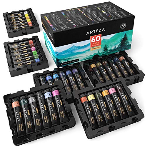 Product Cover ARTEZA Watercolor Paint, Set of 60 Colors/Tubes (12 ml/0.4 US fl oz) with Storage Box, Rich Pigments, Vibrant, Non Toxic Paints for The Artist, Hobby Painters, Ideal for Watercolor Techniques