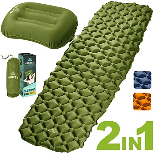 Product Cover HiHiker Camping Sleeping Pad + Inflatable Travel Pillow - Ultralight Backpacking Air Mattress w/Compact Carrying Bag -Sleeping Mat for Hiking Traveling & Outdoor Activities (Green)