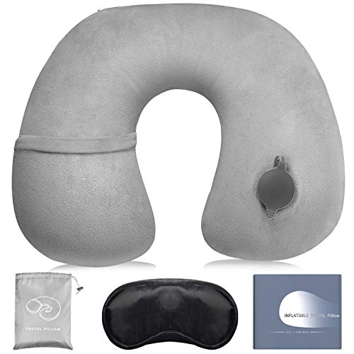 Product Cover Lotiyo Inflatable Neck Travel Pillow - U Support Adjustable Airplanes Pillow with Eye mask,Drawstring Bag for Travel,Airplane,Bus,Train,Home(Grey)