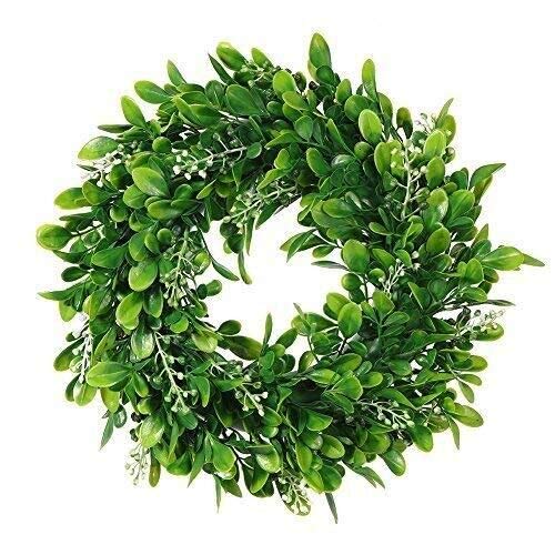 Product Cover Boxwood Wreath Round Wreath,Artificial Green Leaf Wreath Door Wreath Green Wreath for Home Door Hanging Wall Window Wedding Christmas Party Decoration,11 Inches