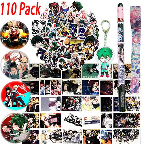 Product Cover My Hero Academia Stickers Gift Set - 73 Pcs Anime Cartoon Laptop Stickers, 30 Postcards, 1 Midoriya Izuku Keychain, 4 Button Pins, 1 Pen, 1 Cute Adhesive Tape for MHA Fans