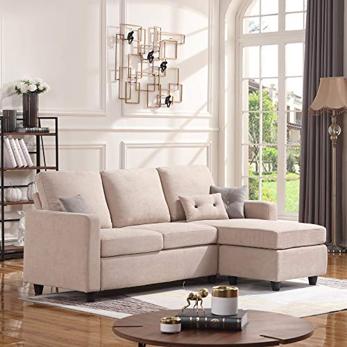 Product Cover HONBAY Convertible Sectional Sofa Couch, L-Shaped Couch with Modern Linen Fabric for Small Space Dark Beige