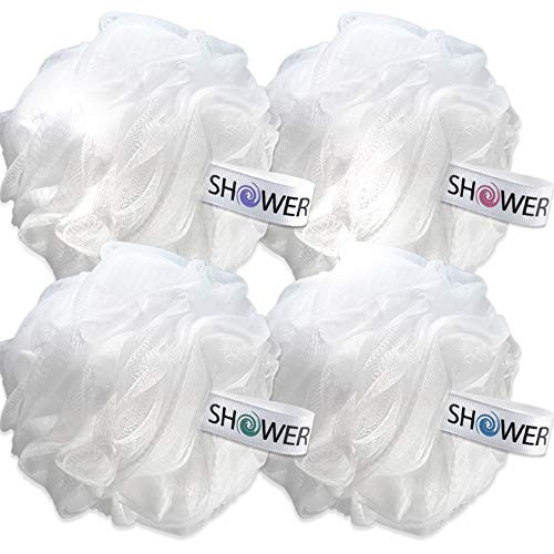 Product Cover Loofah Soft White Cloud Bath Sponge XL 75g Set by Shower Bouquet: 4 Pack, Extra Large Mesh Pouf for Men and Women - Exfoliate with Big Gentle Cleanse Scrubber in Beauty Bathing Accessories
