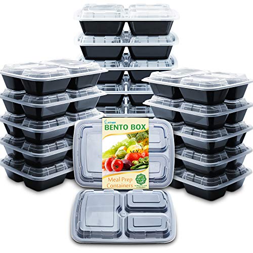Product Cover Enther Meal Prep Containers with Lids 20 Pack 3 Compartment Food Storage Bento Lunch Box BPA Free, Reusable, Microwave/Dishwasher/Freezer Safe, Portion Control, 24oz Black Small