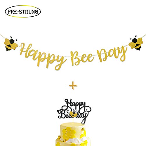 Product Cover Happy Bee Day Gold Glitter Banner & Happy Bee Day Cake Topper for Bumble Bee Themed Happy Birthday Party Supplies Decorations