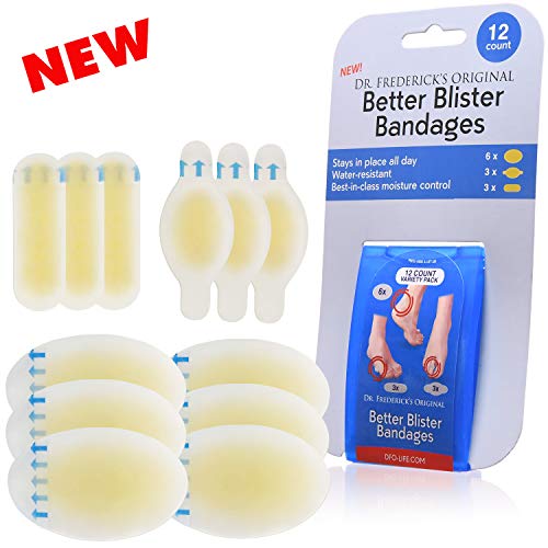 Product Cover Dr. Frederick's Original Better Blister Bandages - 12 ct Variety - Waterproof Hydrocolloid Bandages for Foot, Toe, Heel Blister Prevention & Recovery - Blister Pads