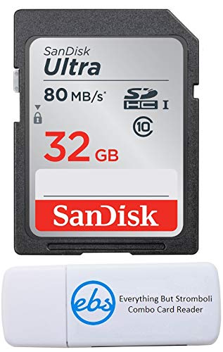 Product Cover SanDisk 32GB SDHC SD Ultra Memory Card 80mb Bundle Works with Nikon D3500, D7500, D5600, D5200 Digital Camera Class 10 (SDSDUNC-032G-GN6IN) Plus (1) Everything But Stromboli (TM) Combo Card Reader
