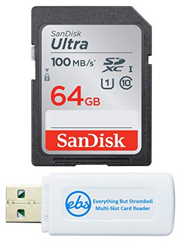 Product Cover SanDisk 64GB SDXC SD Ultra Memory Card Works with Nikon D3500, D7500, D5600, D5200 Digital Camera Class 10 (SDSDUNR-064G-GN6IN) Bundle with (1) Everything But Stromboli Combo Card Reader