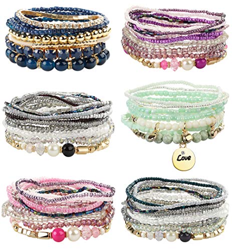 Product Cover FIBO STEEL 6 Sets Bohemian Stackable Bead Bracelets for Women Stretch Multilayered Bracelet Set Multicolor Jewelry