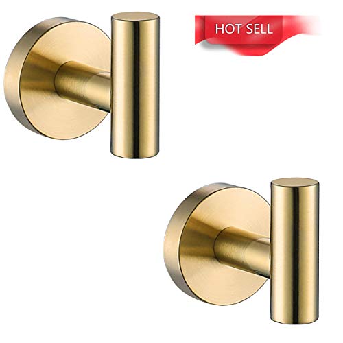 Product Cover Brushed Gold Single Robe Hook, Towel Hook SUS304 Stainless Steel Bathroom Clothes Cabinet Closet Coat Hook Wall Mounted Heavy Duty Door Hanger, 2 Pack