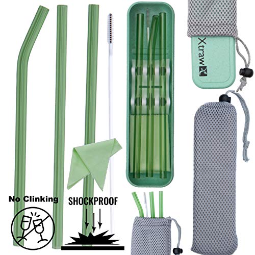 Product Cover XTRAW Premium Reusable Glass Drinking Straws with Carrying Case and Protective Pouch Bag, Set of 3 with Protective Straw Stand, Cleaning Brush, Cleaning Cloth, Wheat Straw Plastic Travel Case (Green)