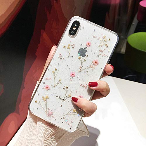 Product Cover iPhone XR Flower Case, Shinymore Soft Clear Flexible Rubber Pressed Dry Real Flowers Case Girls Glitter Floral Cover for iPhone XR-Pink