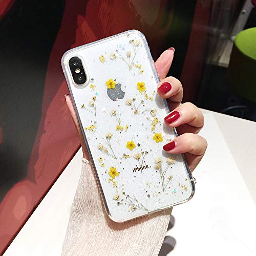 Product Cover iPhone Xs Max Flower Case, Shinymore Soft Clear Flexible Rubber Pressed Dry Real Flowers Case Girls Glitter Floral Cover for iPhone Xs Max -Yellow