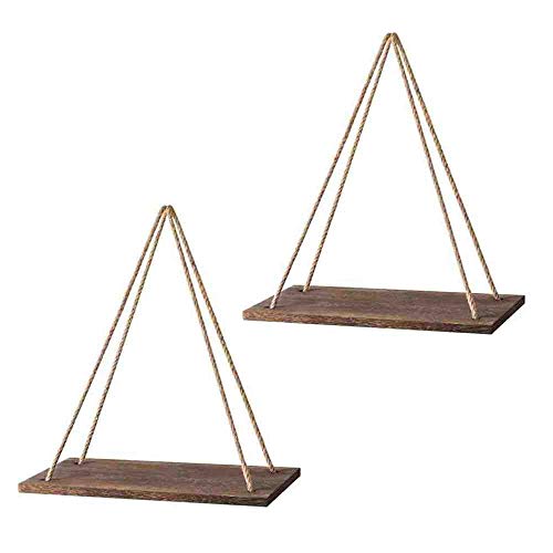 Product Cover GSM Brands Hanging Shelf- Floating Swing Storage Shelves Rope Decorative Organizer Rack, Set of 2, Rustic Brown Color