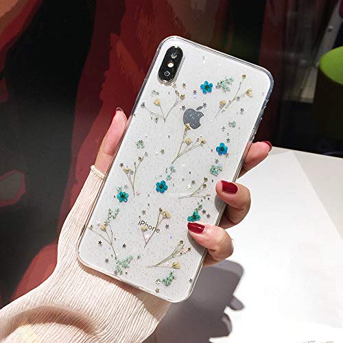 Product Cover Shinymore iPhone XR Flower Case, Soft Clear Flexible Rubber Pressed Dry Real Flowers Case Girls Glitter Floral Cover for iPhone XR-Blue