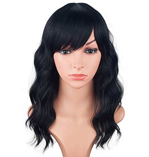 Product Cover Mid-Length Black Wavy Wigs For Black Women Natural Looking Heat Resistant Synthetic Curly Hair Wigs With Side Bangs For Daily Use 16 Inches (Natural Black)