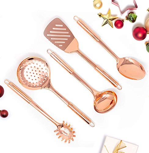 Product Cover Copper Cooking Utensils for Cooking/Serving, Rose Gold Kitchen Utensils -Stainless Steel Copper Serving Utensils Set 5 PCS-Copper Ladle, Serving Spoon, Pasta Serving Fork, Spatula, Kitchen Skimmer