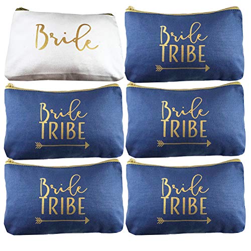 Product Cover 6 Piece Set | Navy Blue Bride Tribe Canvas Cosmetic Makeup Clutch Gifts Bag for Bridesmaid Proposal Box & Bridesmaids Bachelorette Party Favors