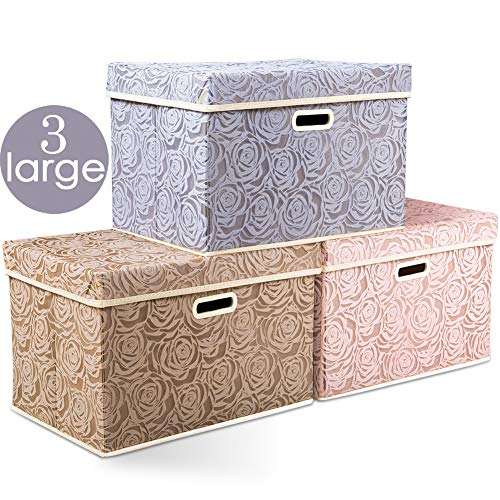 Product Cover Prandom Large Stackable Storage Bins with Lids Fabric Decorative Storage Box Cubes Organizer Containers Baskets with Cover Handles Divider for Bedroom Closet Living Room 17.7x11.8x11.8 Inch 3 Pack