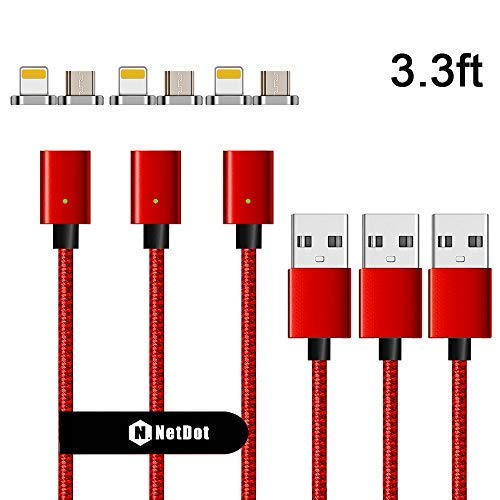 Product Cover NetDot Gen7 Magnetic Fast Charging Cable Compatible Both Android Smartphone and i-Product(3.3ft/ 3 Pack red)