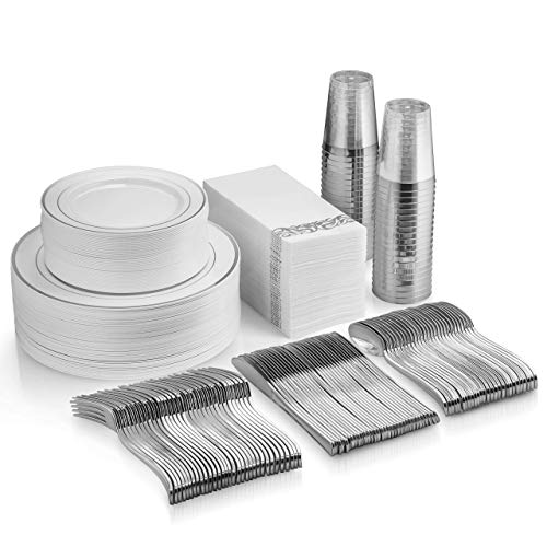 Product Cover 350 Piece Silver Dinnerware Set - 50 Guest Silver Rim Plastic Plates - 50 Silver Plastic Silverware - 50 Silver Rim Plastic Cups - 50 Linen Like Silver Paper Napkins, 50 Guest Disposable Silver Dinner