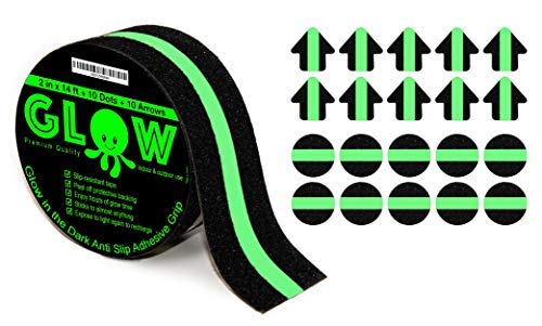 Product Cover Anti-Slip Glow in The Dark Grip Tape - Non-Slip Adhesive Grip for Slippery Suerfaces, Stairs, Rails, Steps, Gaffers, Tread, Traction - Bonus 10 Dots and 10 Stars - 2 Inches Wide by 14 Feet Long - Ind